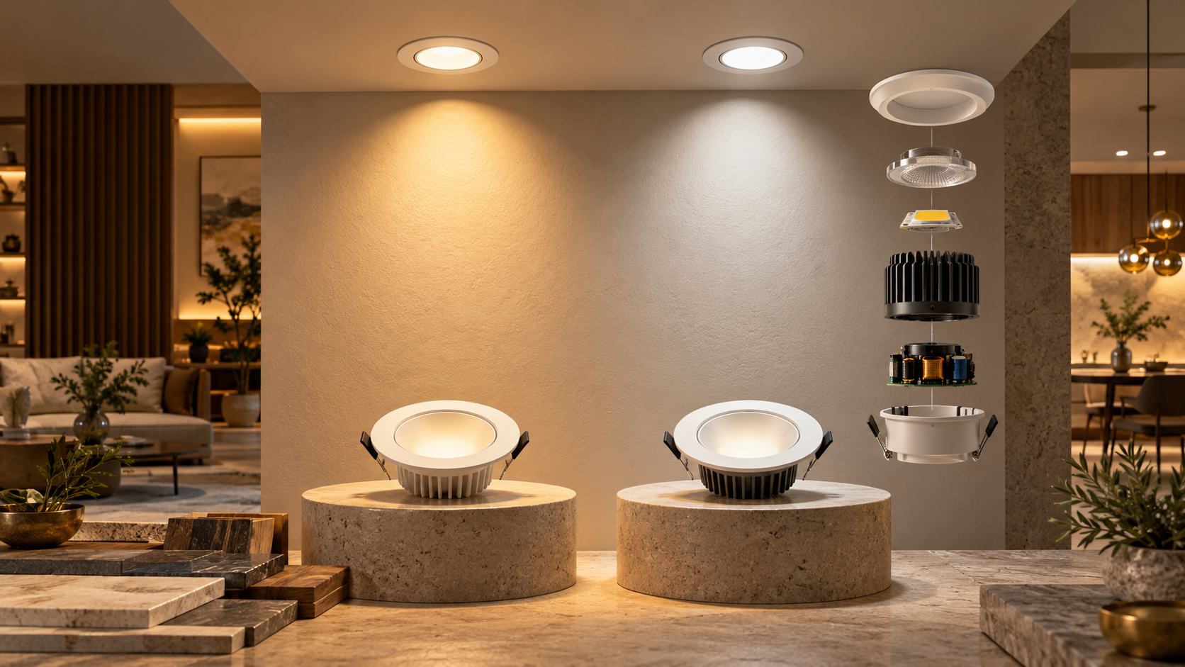 Two visually similar LED downlights compared in a modern Indian interior, with internal LED, optics, heat sink and driver components revealed